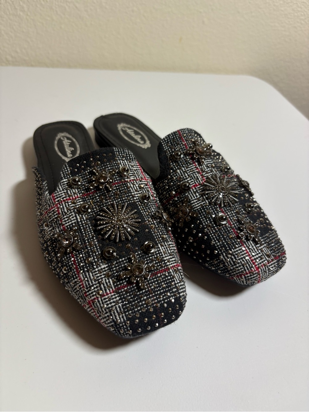 Catalina Black & Grey Tweed Jeweled Slip-On Loafers